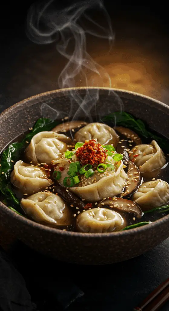A beautiful, rustic bowl of homemade, easy Dumpling Soup, with plump dumplings in a rich, dark, and aromatic broth.