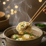A cozy bowl of homemade, easy Dumpling Soup being enjoyed with chopsticks for a comforting dinner.