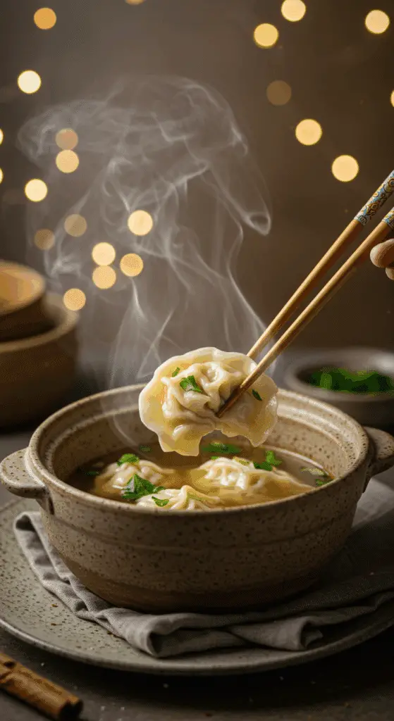 A cozy bowl of homemade, easy Dumpling Soup being enjoyed with chopsticks for a comforting dinner.