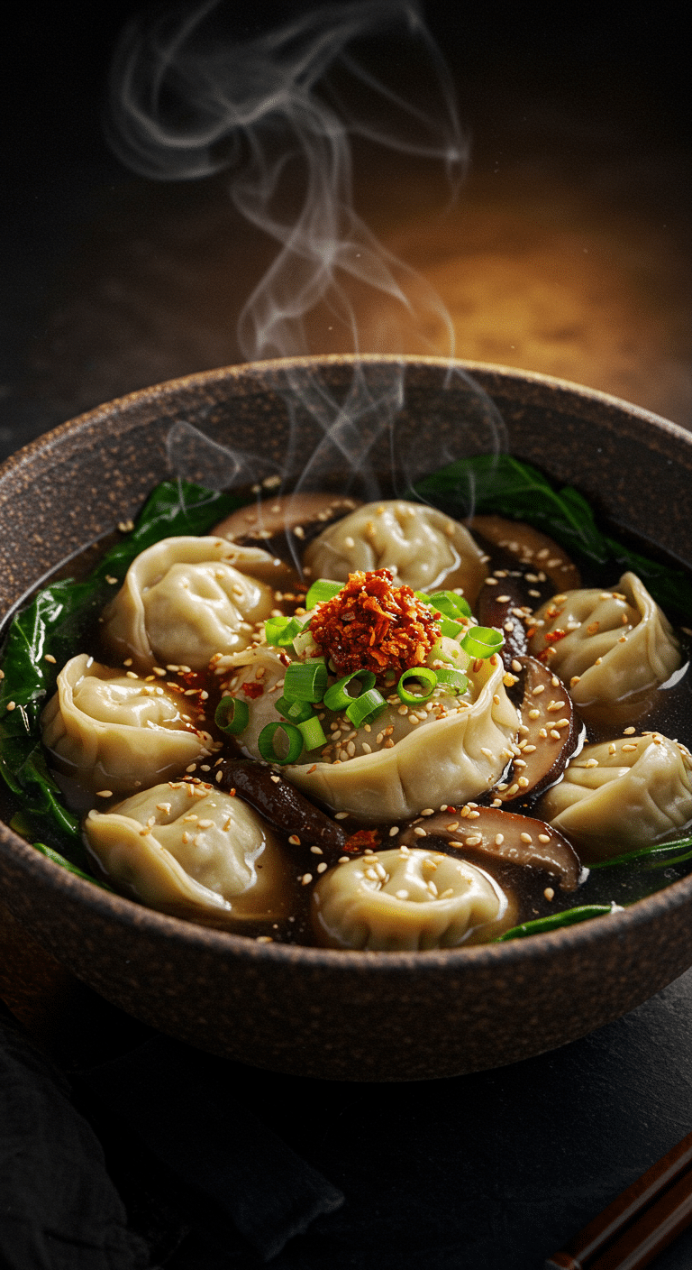 A beautiful, rustic bowl of homemade, easy Dumpling Soup, with plump dumplings in a rich, dark, and aromatic broth.