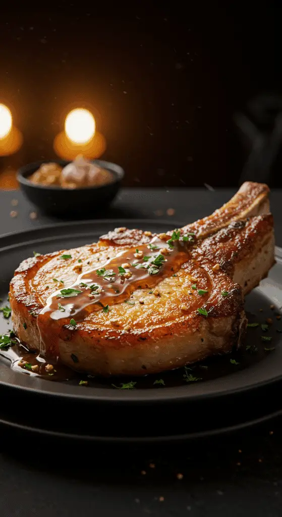 A beautiful, golden-brown, juicy, pan-seared Honey-Garlic Pork Chop, drizzled with a glossy, amber-colored pan sauce.