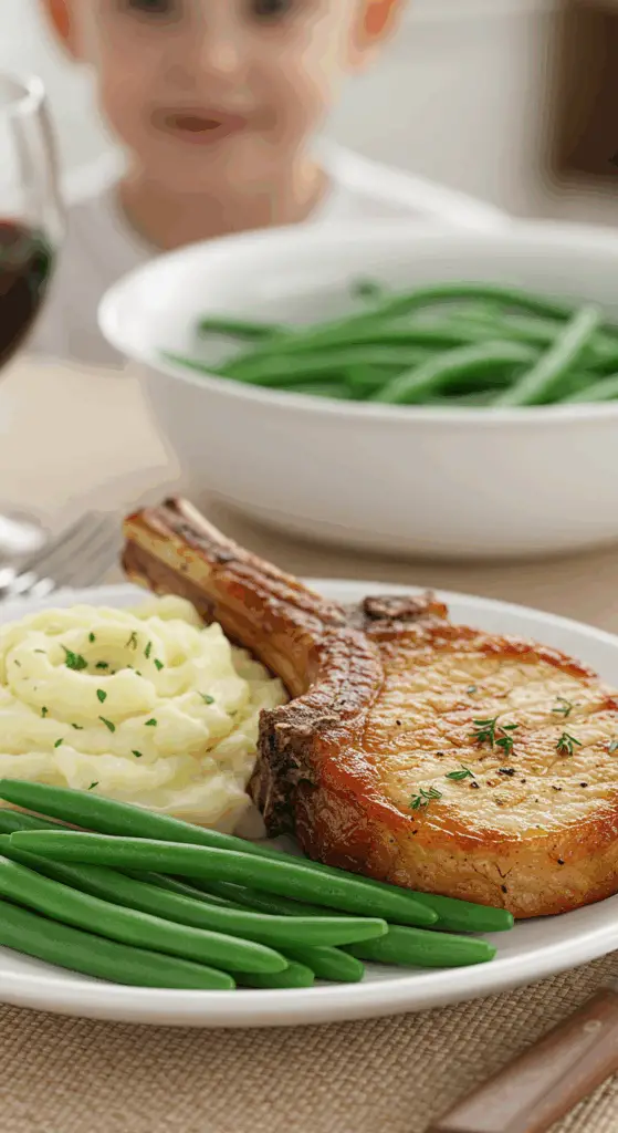 An elegant plate of homemade, pan-seared Honey-Garlic Pork Chops, served with mashed potatoes and green beans for a healthy meal.