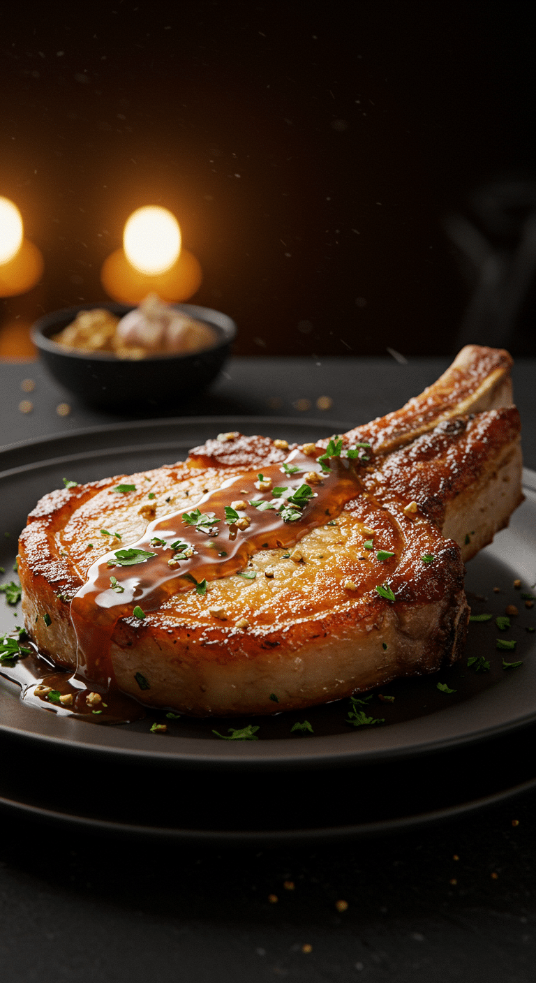 A beautiful, golden-brown, juicy, pan-seared Honey-Garlic Pork Chop, drizzled with a glossy, amber-colored pan sauce.