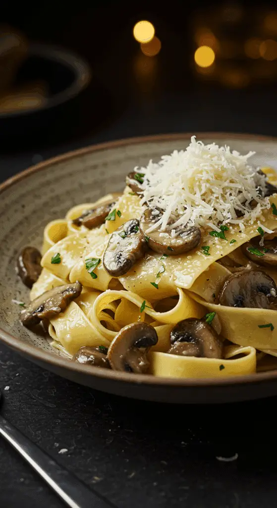 A beautiful, rustic bowl of homemade, creamy Mushroom Pasta, with wide pappardelle noodles and deeply browned, seared mushrooms.
