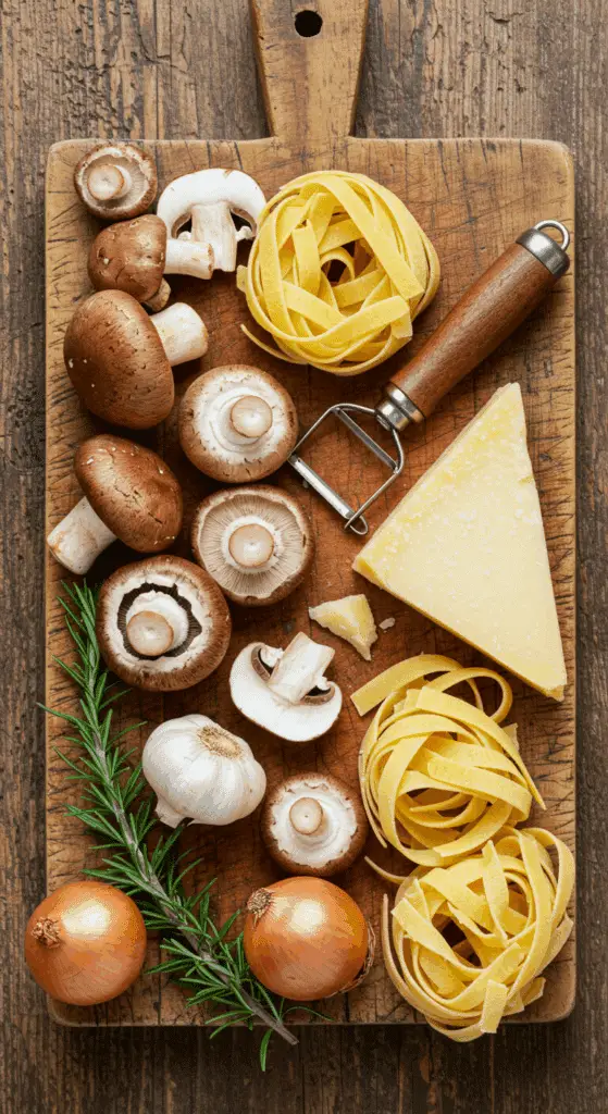 The fresh, from-scratch ingredients for the classic and creamy Mushroom Pasta recipe with a white wine butter sauce.