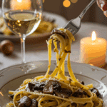 An elegant plate of homemade, creamy Mushroom Pasta being enjoyed for a sophisticated and romantic, candlelit dinner. The perfect, impressive, and surprisingly easy restaurant-quality meal to serve for a special date night or a celebration at home.