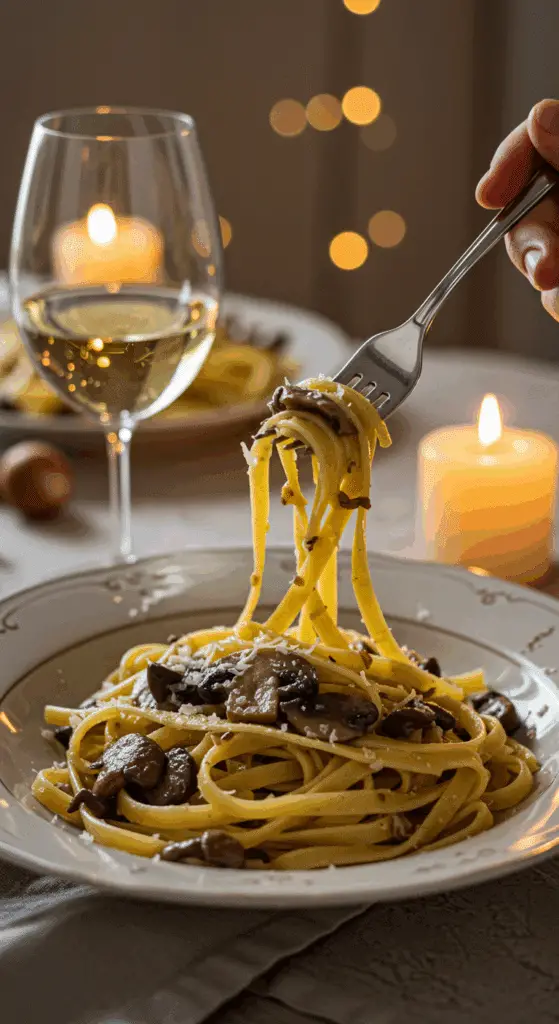 An elegant plate of homemade, creamy Mushroom Pasta being enjoyed for a sophisticated and romantic, candlelit dinner. The perfect, impressive, and surprisingly easy restaurant-quality meal to serve for a special date night or a celebration at home.