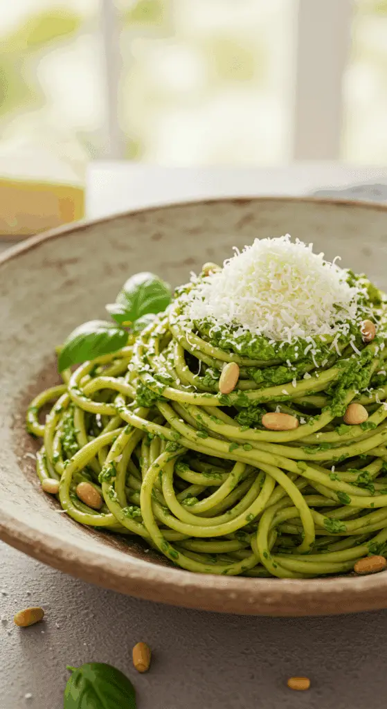 A beautiful, rustic bowl of homemade, vibrant, and creamy Pesto Pasta, garnished with fresh basil and Parmesan cheese.