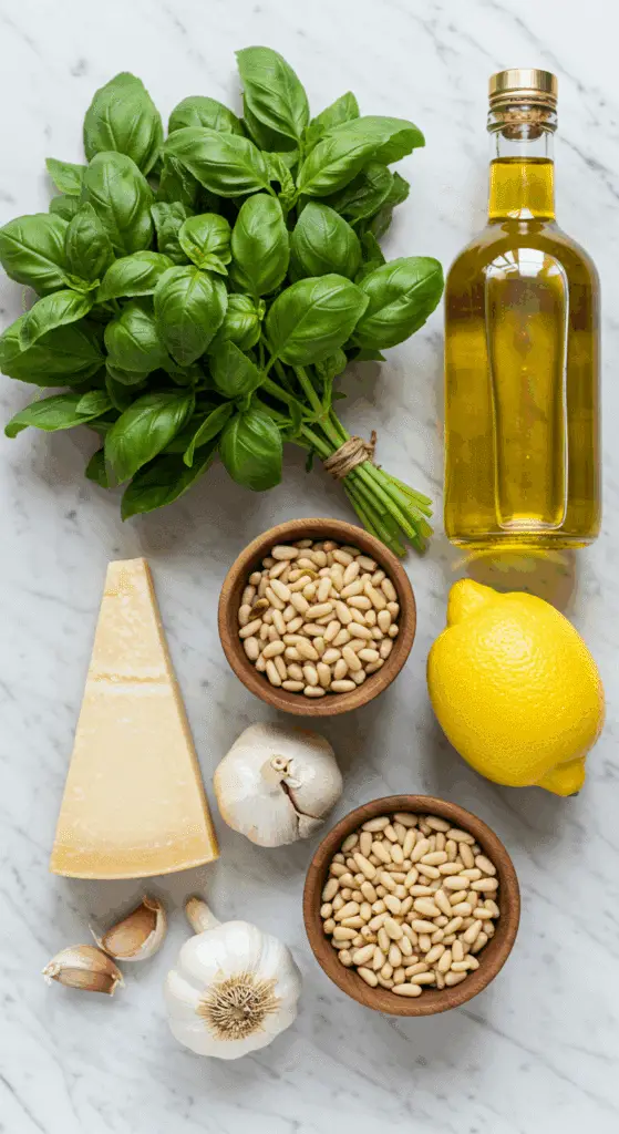 The simple, fresh ingredients for the authentic, from-scratch, classic homemade Basil Pesto recipe.