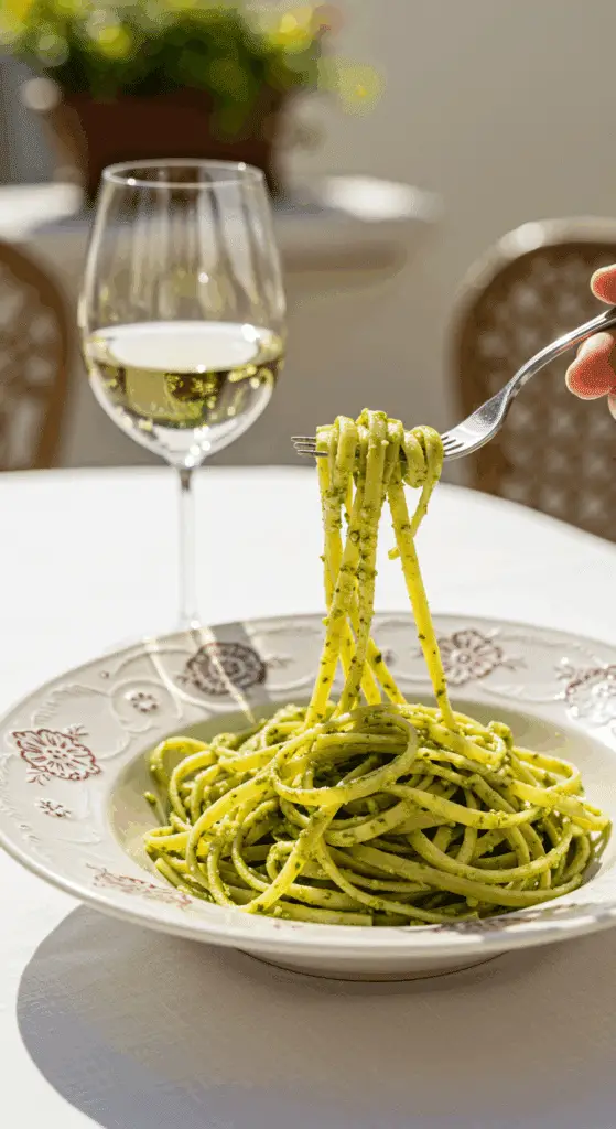 An elegant plate of homemade, creamy Pesto Pasta being enjoyed for a healthy lunch on a sunny patio.