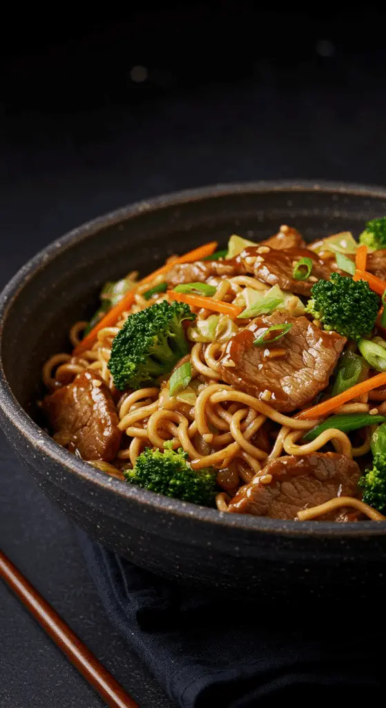 A beautiful, rustic bowl of homemade, easy Pork Ramen Noodle Stir Fry with a glossy brown sauce and fresh vegetables.