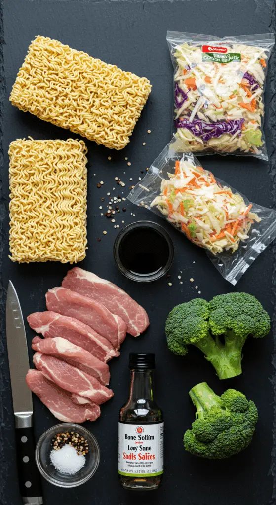 The simple, fresh ingredients for the quick and easy Pork Ramen Noodle Stir Fry recipe.