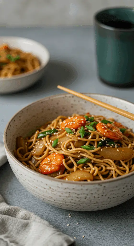 A cozy bowl of homemade Pork Ramen Noodle Stir Fry being served with chopsticks for an easy weeknight dinner.