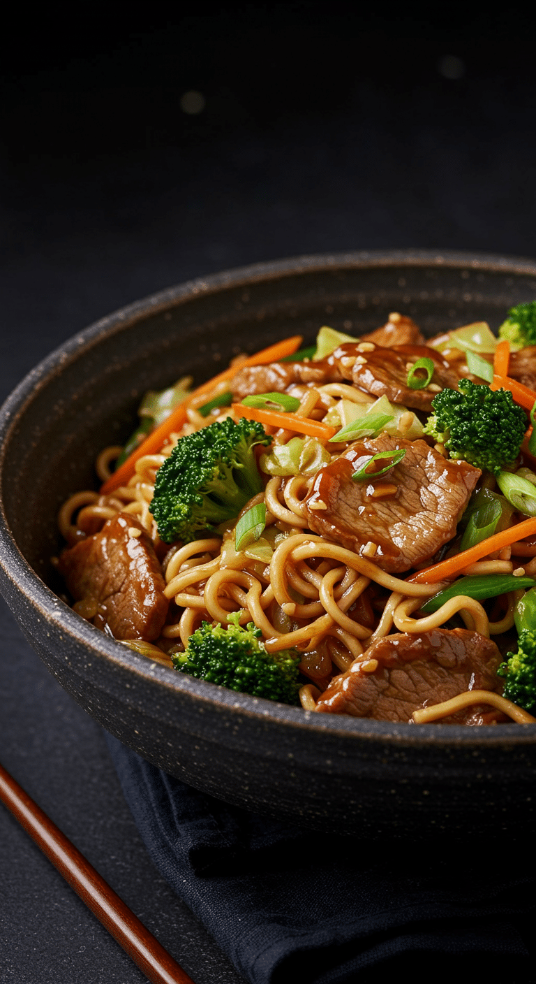 A beautiful, rustic bowl of homemade, easy Pork Ramen Noodle Stir Fry with a glossy brown sauce and fresh vegetables.