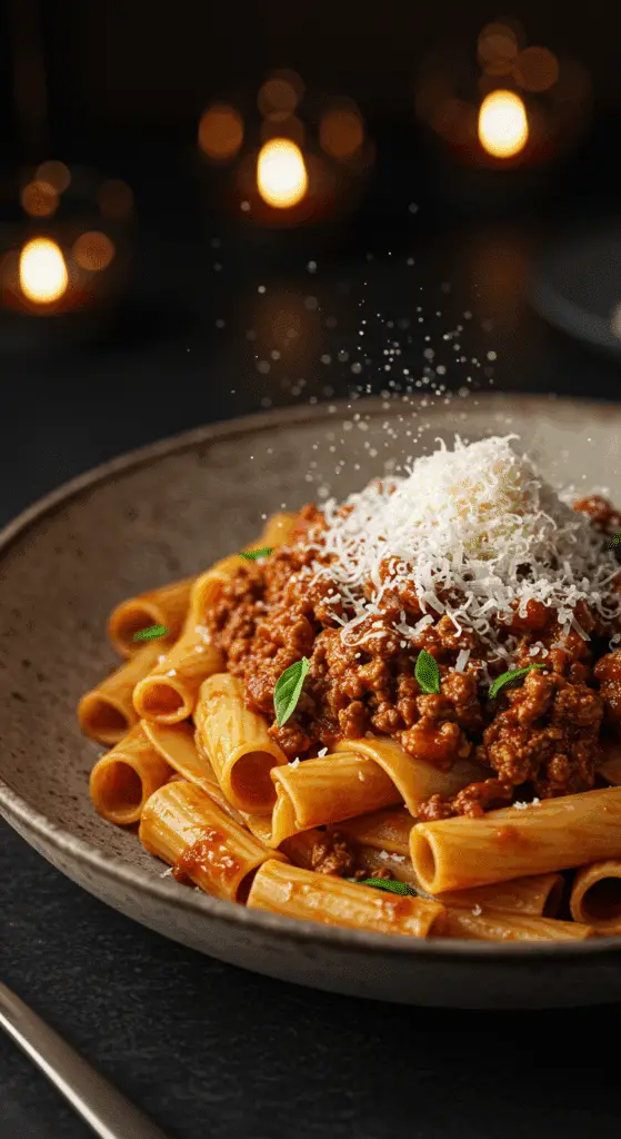 A beautiful, rustic bowl of homemade, rich and creamy Weeknight Bolognese sauce tossed with pappardelle pasta.