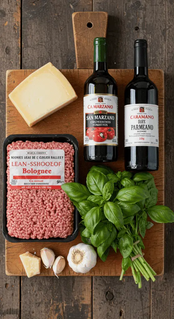 The fresh, from-scratch ingredients for the classic, easy Weeknight Bolognese sauce recipe.