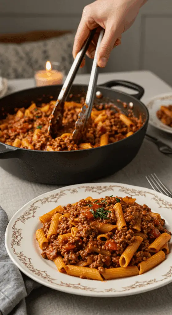 A large bowl of homemade, creamy Weeknight Bolognese being served at a cozy family dinner.