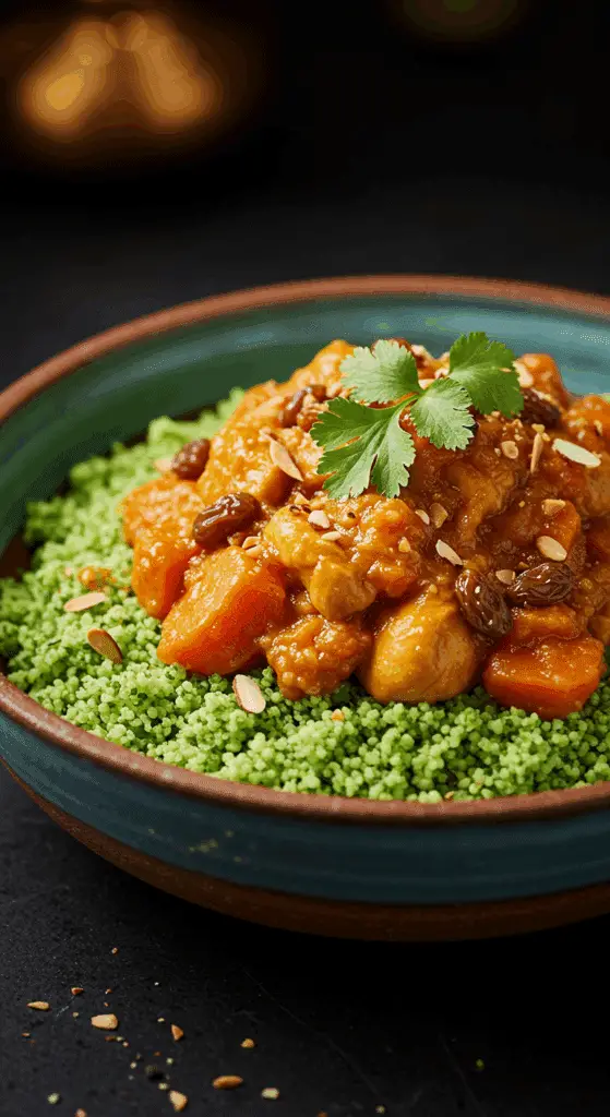 A beautiful, rustic bowl of homemade, flavorful Moroccan Chicken, served over a bed of vibrant, green cilantro couscous.