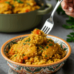 A beautiful bowl of homemade, healthy Moroccan Chicken with Couscous being served for a cozy dinner.