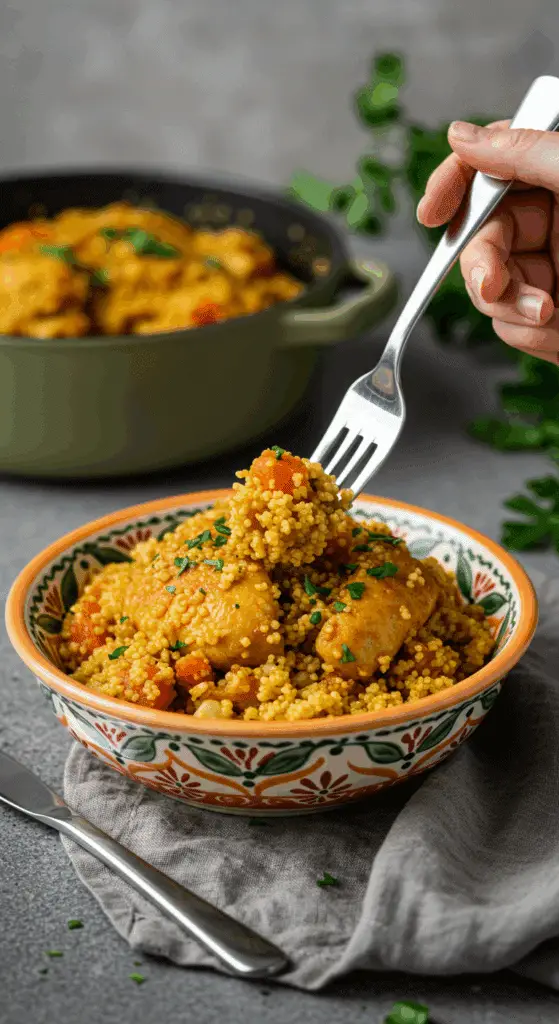 A beautiful bowl of homemade, healthy Moroccan Chicken with Couscous being served for a cozy dinner.