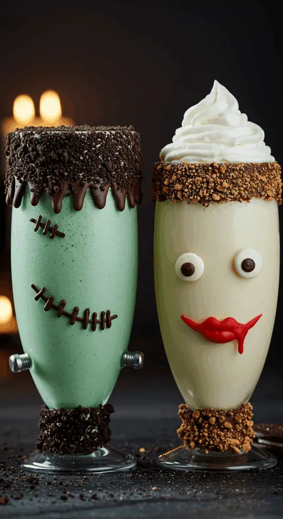 A beautiful, side-by-side shot of a homemade, spooky green "Frankenshake" and a white "Bride of Frankenshake" milkshake, in elaborately decorated glasses.