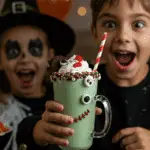 A child's hands holding a tall, green, and spooky homemade Frankenshake milkshake at a fun family Halloween party.