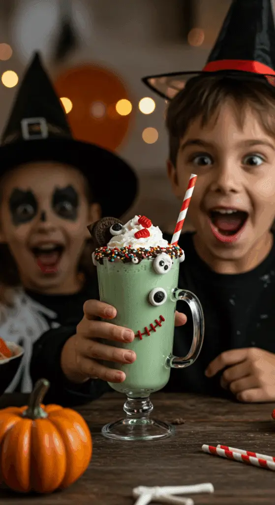 A child's hands holding a tall, green, and spooky homemade Frankenshake milkshake at a fun family Halloween party.