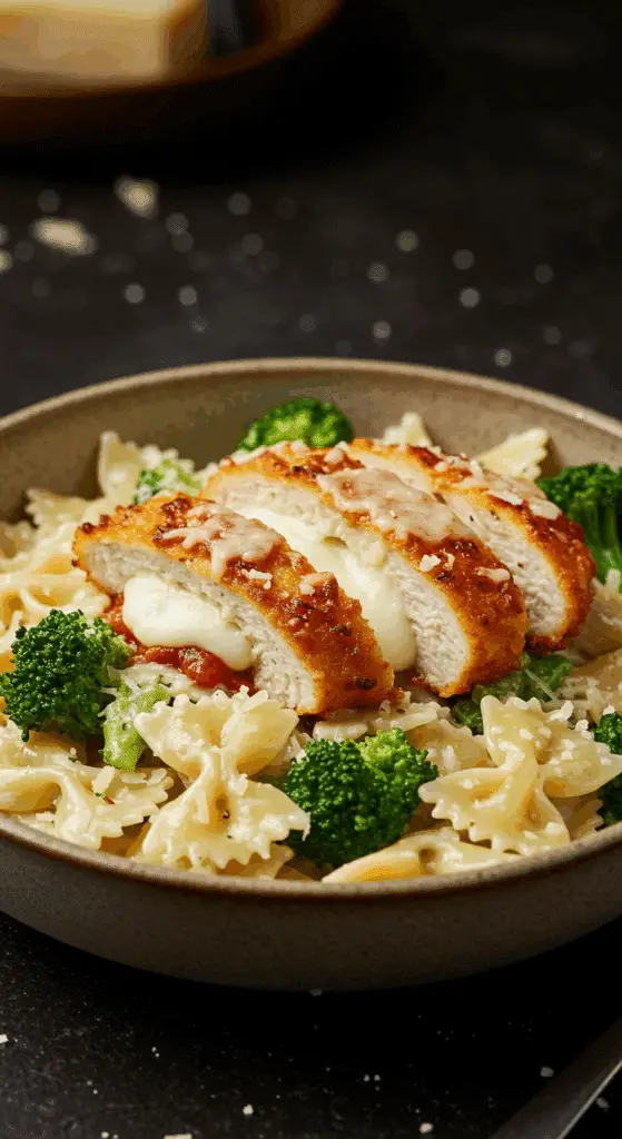 A beautiful, rustic bowl of homemade, creamy Garlic Parmesan Chicken Pasta, topped with slices of a crispy, golden-brown, baked Parmesan chicken breast.