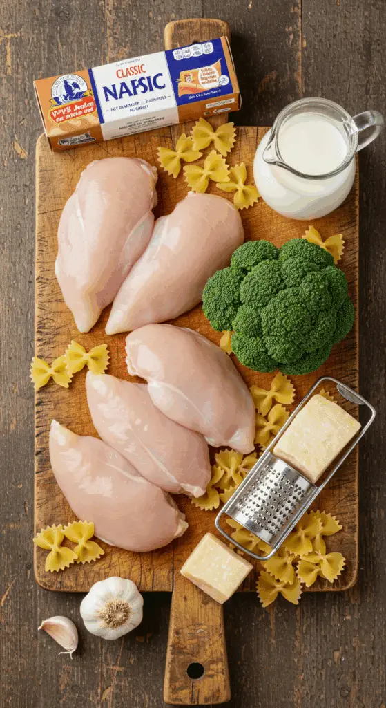 : The simple, fresh ingredients for the classic and creamy Garlic Parmesan Chicken Pasta recipe with crispy baked chicken.