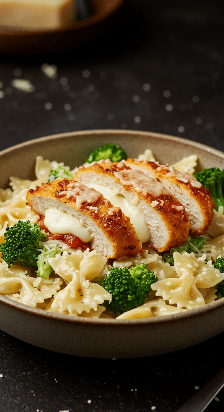 A beautiful, rustic bowl of homemade, creamy Garlic Parmesan Chicken Pasta, topped with slices of a crispy, golden-brown, baked Parmesan chicken breast.