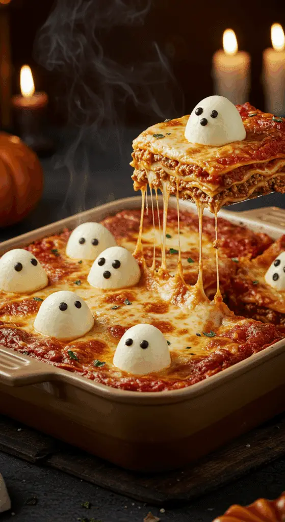 A beautiful, rustic baking dish of homemade, spooky "Ghostly" Lasagna, with melted mozzarella cheese ghosts on top.