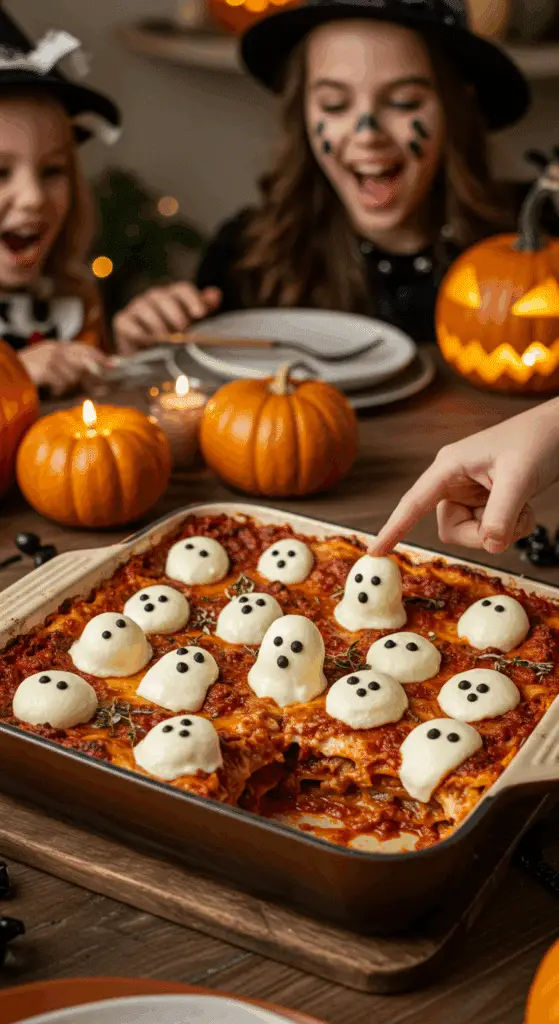 A child's hand excitedly pointing at the spooky mozzarella ghosts on a homemade "Ghostly" Lasagna at a fun family Halloween dinner.