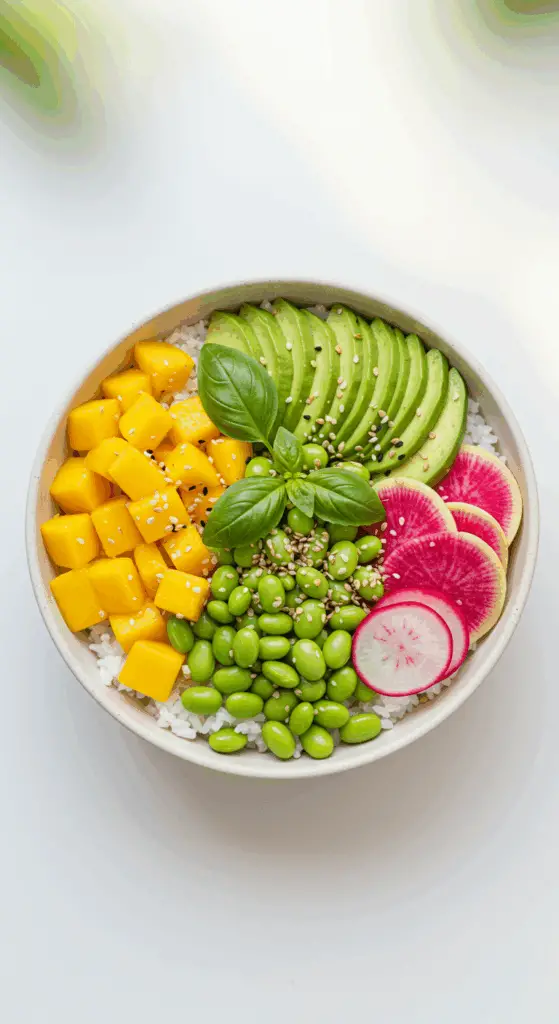 A beautiful, overhead shot of a homemade, healthy, and composed Mango Ginger Rice Bowl, with all the ingredients arranged in neat, colorful rows.