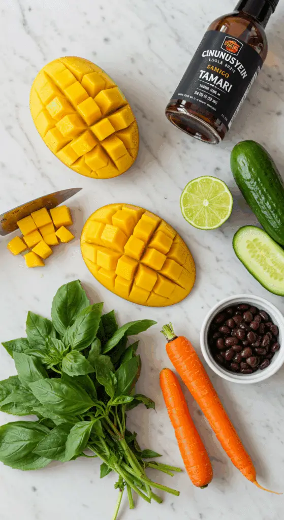 The simple, fresh ingredients for the healthy, from-scratch Mango Ginger Rice Bowl recipe.