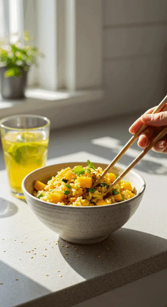 A beautiful bowl of homemade, healthy Mango Ginger Rice Bowl being enjoyed with chopsticks for a vibrant and healthy lunch.