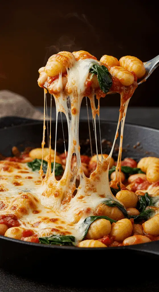 A beautiful, rustic cast-iron skillet of homemade, cheesy One-Pan Skillet Gnocchi with a long, gooey cheese pull.