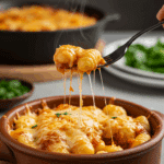A cozy bowl of homemade, cheesy One-Pan Skillet Gnocchi being served for a family dinner.