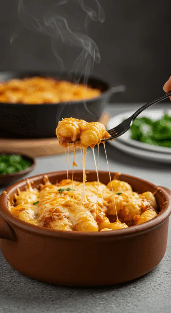 A cozy bowl of homemade, cheesy One-Pan Skillet Gnocchi being served for a family dinner.