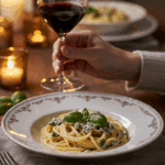 An elegant bowl of homemade, creamy Gorgonzola Pasta with Sausage being served at a sophisticated dinner party.