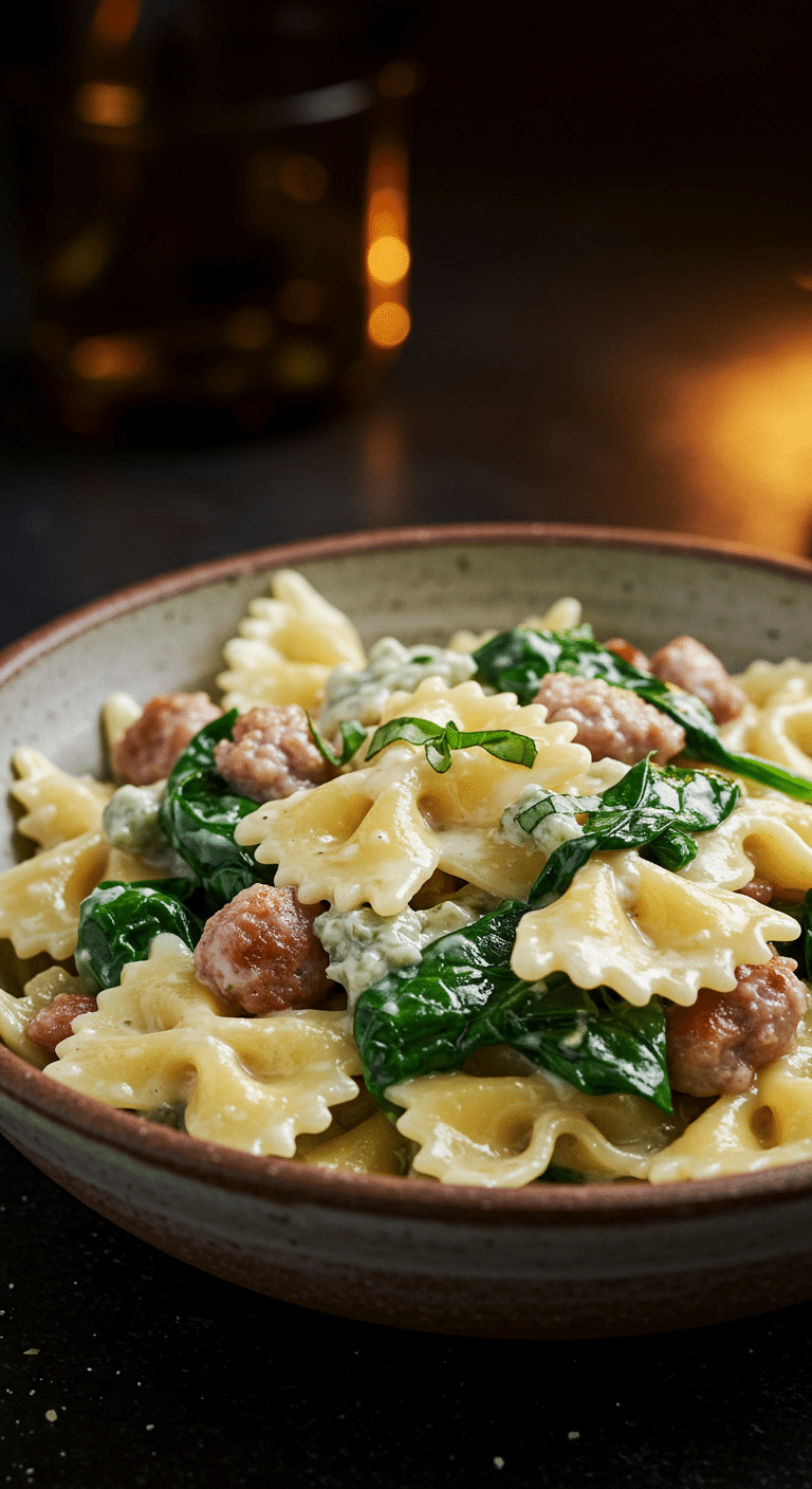 A beautiful, rustic bowl of homemade, creamy Gorgonzola Pasta with savory sausage and fresh spinach.