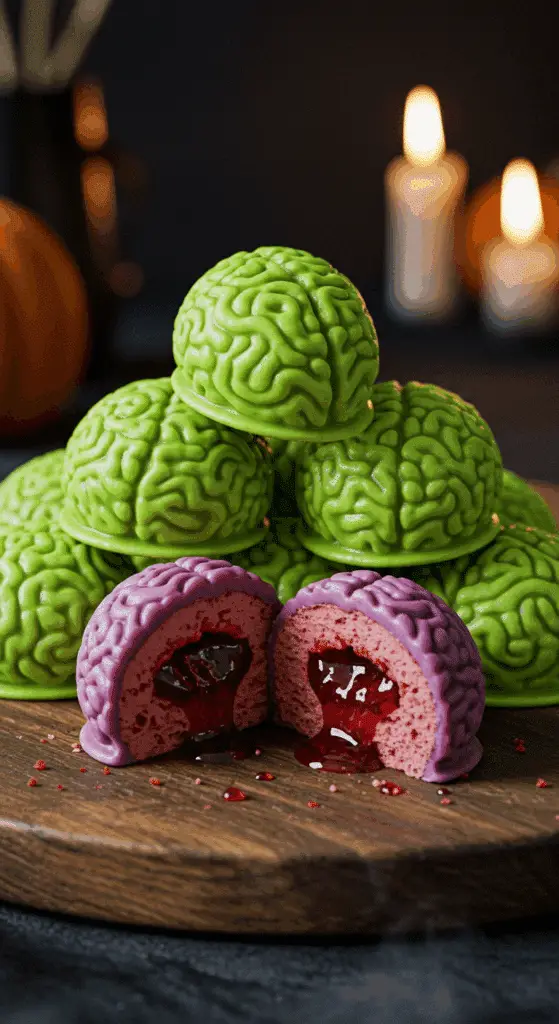 A beautiful, rustic platter of homemade, spooky, and gory Cake Pop Brains, with one cut in half to show the "bloody" red velvet and jam filling.
