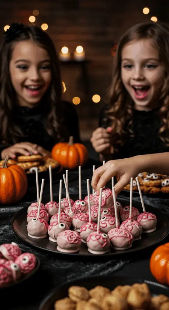 A large platter of homemade, spooky, and colorful Cake Pop Brains being served at a fun and casual Halloween party.