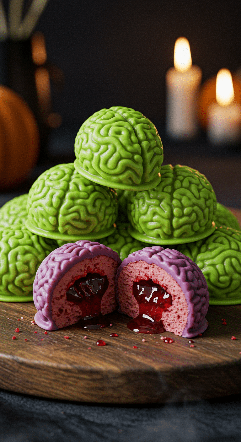 A beautiful, rustic platter of homemade, spooky, and gory Cake Pop Brains, with one cut in half to show the "bloody" red velvet and jam filling.
