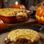 A spooky and fun plate of homemade, "Gory" Shepherd's Pie being served at a family Halloween dinner.