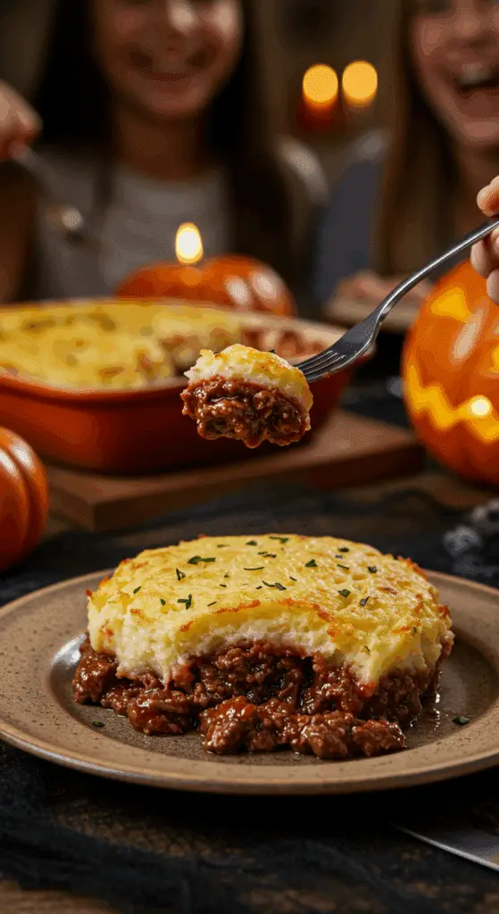 A spooky and fun plate of homemade, "Gory" Shepherd's Pie being served at a family Halloween dinner.