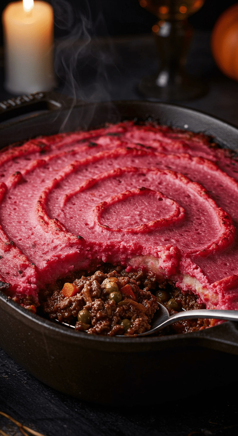A beautiful, rustic baking dish of homemade, spooky "Gory" Shepherd's Pie, with a vibrant, "bloody" reddish-pink mashed potato topping.