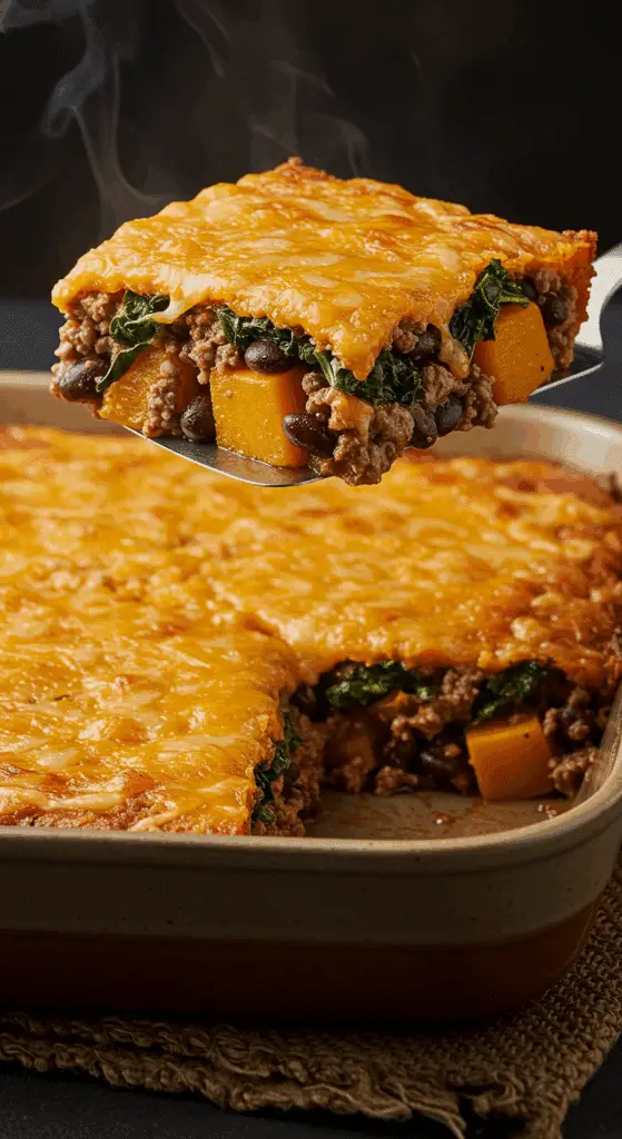 A beautiful, golden-brown homemade Ground Beef and Butternut Squash Casserole in a baking dish with a cheesy, colorful, and hearty slice being lifted out.