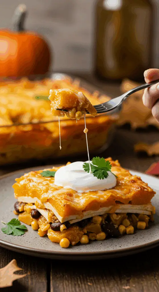 A beautiful plate of homemade, cheesy Butternut Squash Casserole topped with sour cream, being served for a cozy fall family dinner.