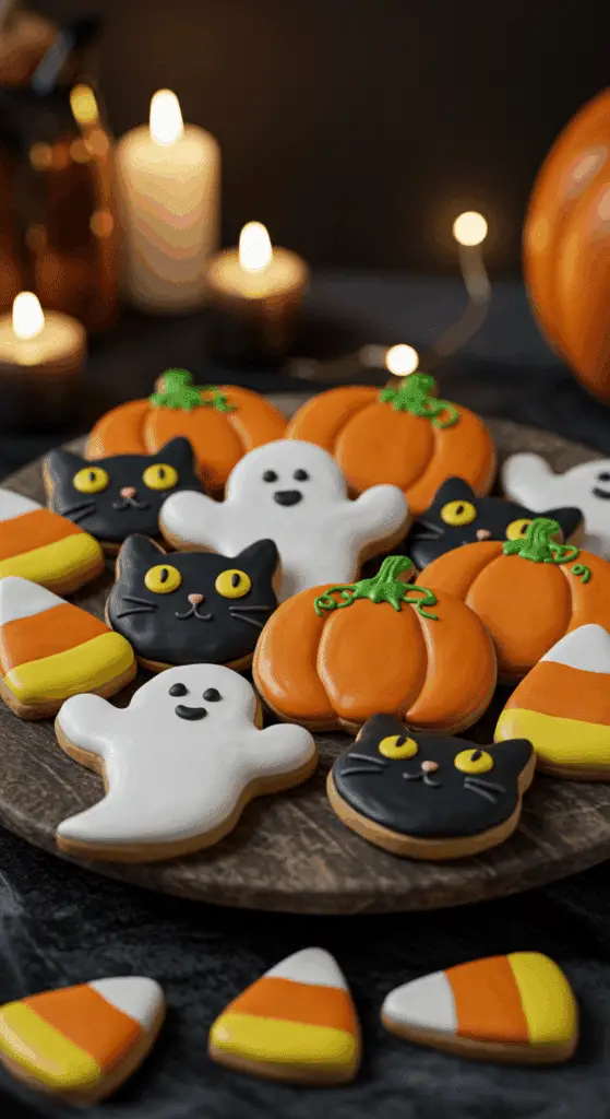 A beautiful, rustic platter of homemade, spooky, and colorful Halloween Sugar Cookies, decorated with perfect, glossy royal icing to look like cats, ghosts, and pumpkins.