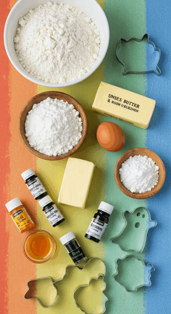 The simple, from-scratch ingredients for the easy and spooky Halloween Sugar Cookies with royal icing.